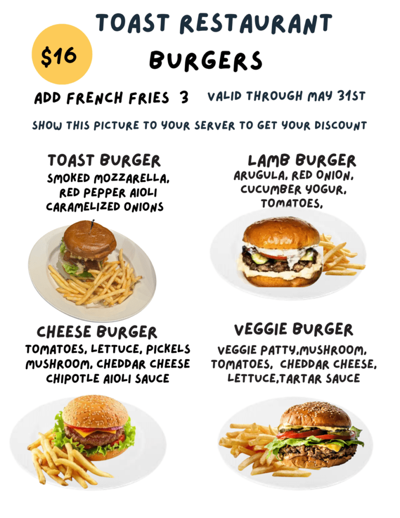 "Come and enjoy our vibrant selection of Burgers at Toast.