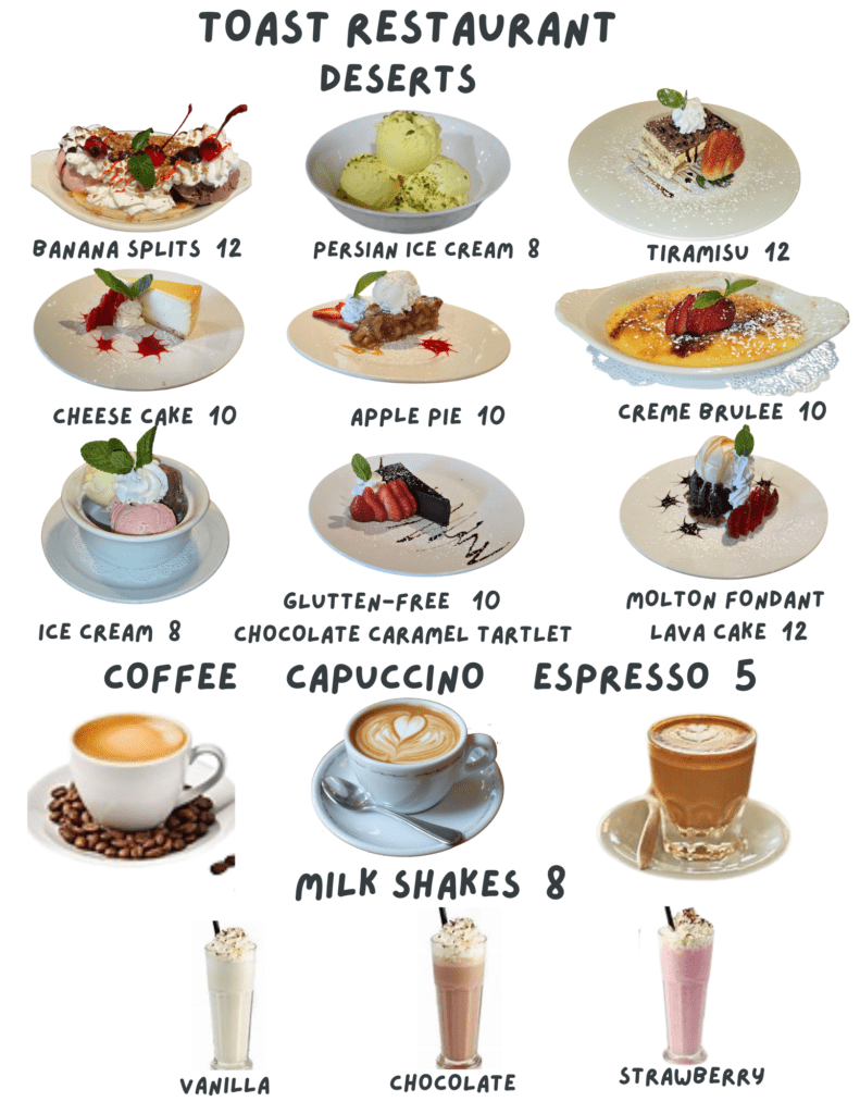 "Come and enjoy our vibrant selection of deserts at Toast.