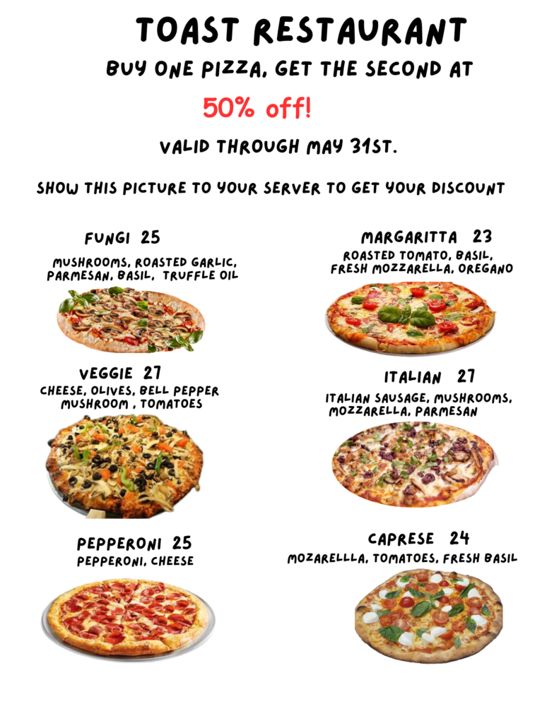 "Come and join us at Toast and indulge our special Pizzas! It's a mouthwatering treat you won't want to miss. We can't wait to see you!'